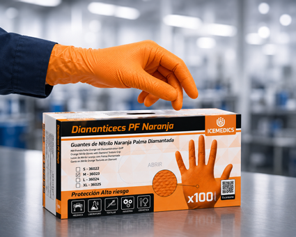 Guante naranja junto a una caja de guantes desechables EPI.