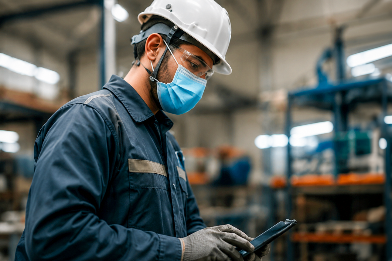 Profesional con casco, mascarilla y guantes consultando una tableta en una instalación industrial.