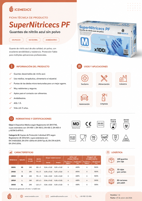 Vista previa de una ficha técnica de guantes Icemedics.