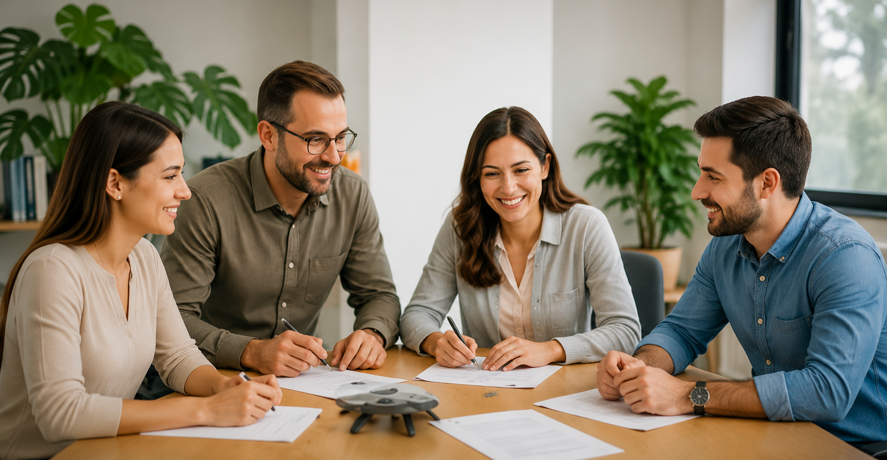 Equipo reunido alrededor de una mesa de trabajo.