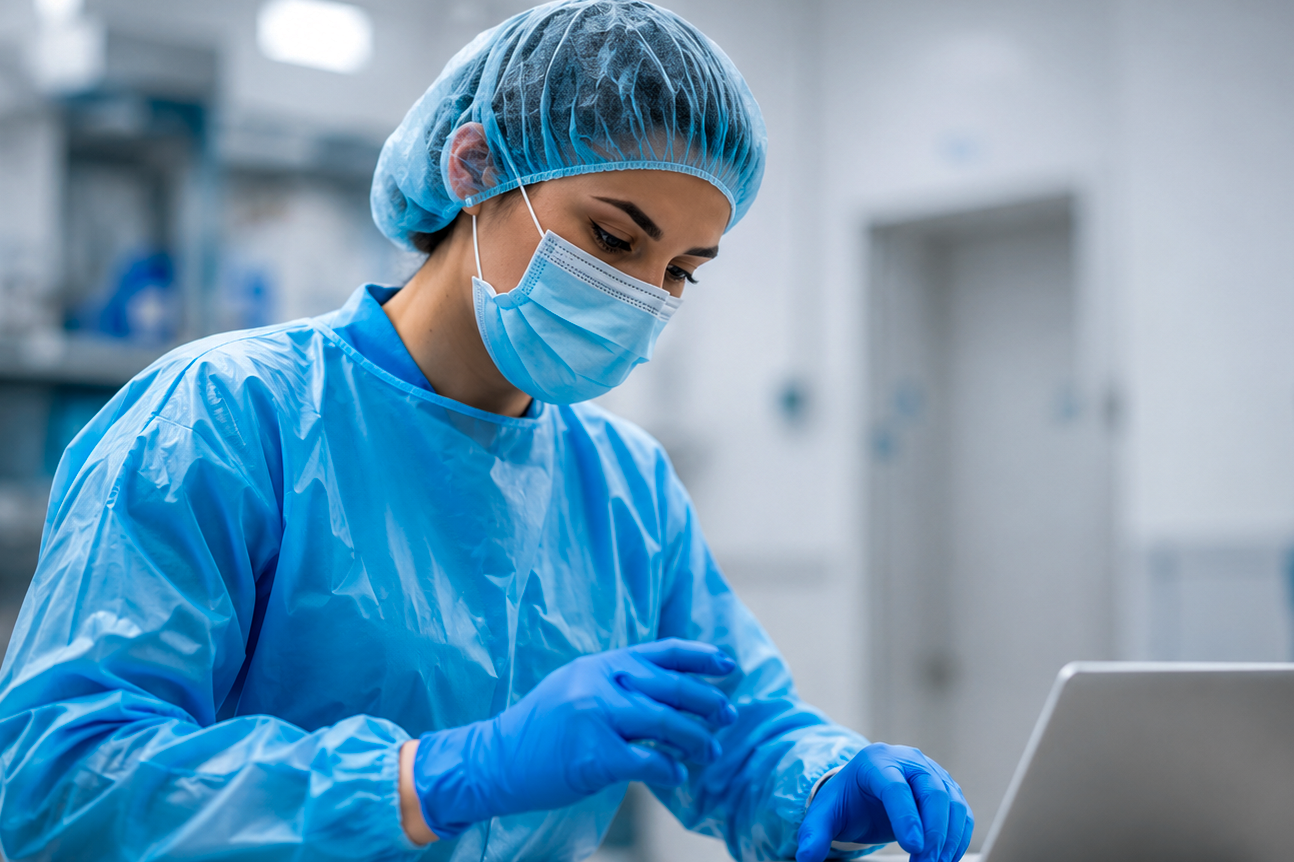 Profesional sanitaria con guantes, mascarilla y gorro junto a un ordenador.