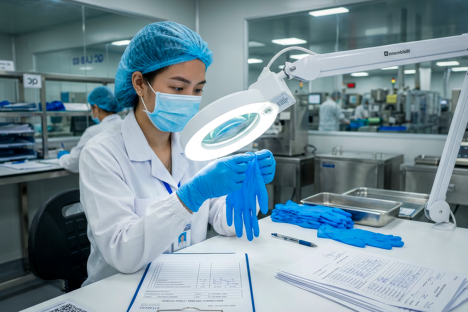 Profesional inspeccionando un guante con una lámpara de aumento.
