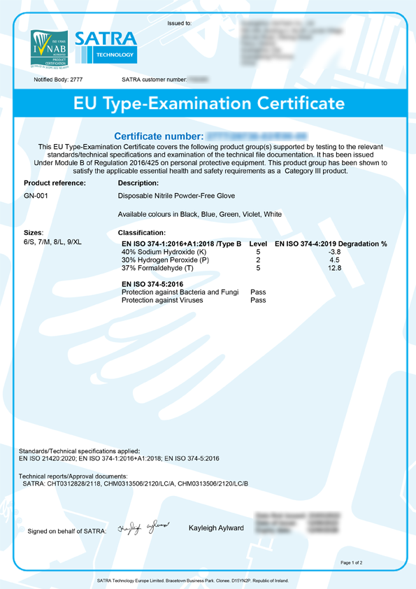 Vista previa de un certificado de examen de tipo de la Unión Europea.