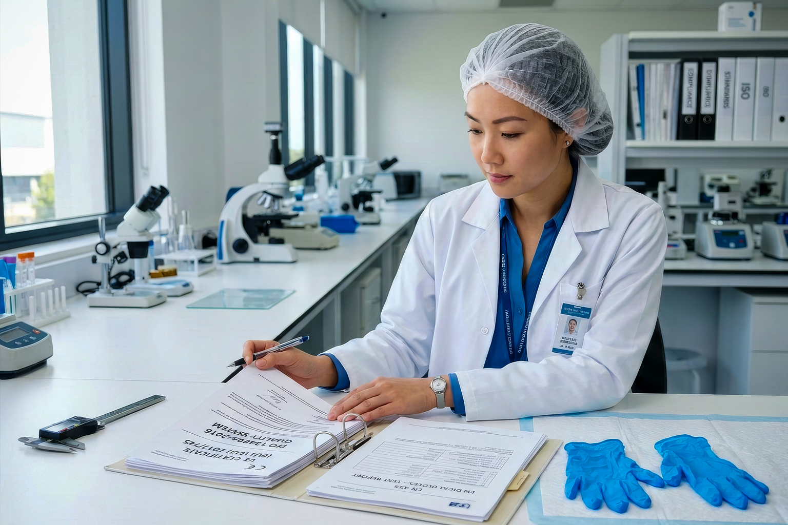 Revisión de documentación y muestras de guantes en un laboratorio.