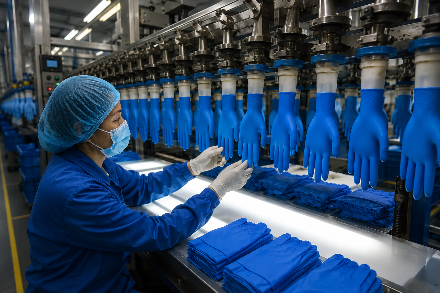 Inspección de guantes desechables en una línea de fabricación.