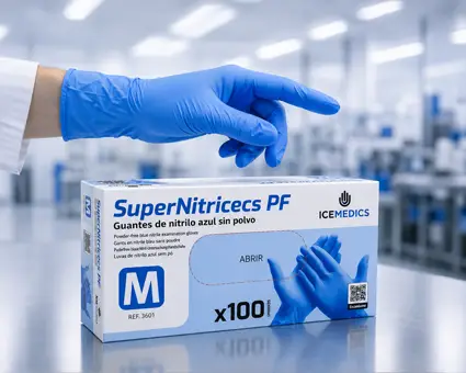 Guante azul junto a una caja de guantes médicos.